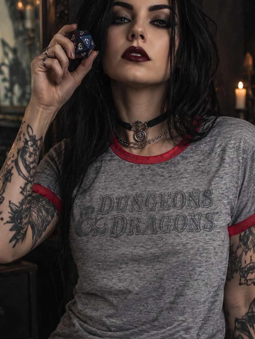 Dungeons & Dragons Women's Short Sleeve Ringer Tee - Gray with Red Trim